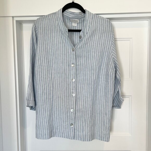 Soft Surroundings Size XL 100% Linen Blue/White Stripe Lagenlook Coastal Button - Picture 1 of 7
